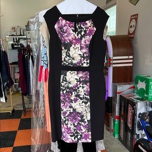 White House Black Market Black and Purple Floral Midi Dress